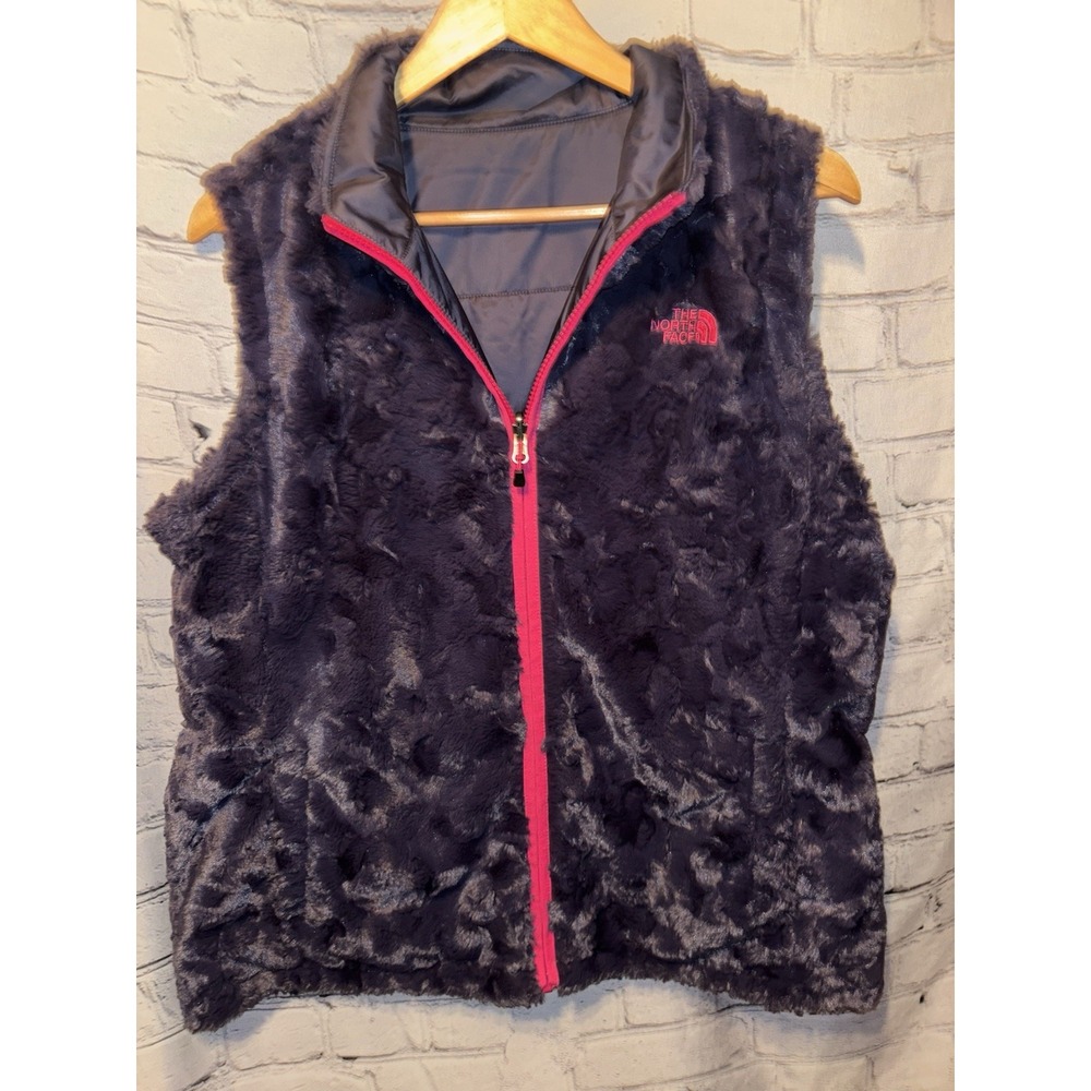 The North Face Vest Women Medium Full Zip Grey Fleece Puffer Reversible Faux Fur
